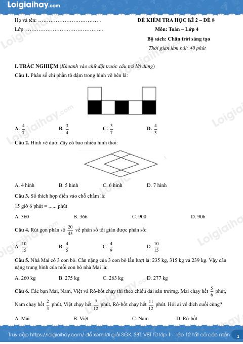 Đề kiểm tra học kì 2 Toán 4 Chân trời sáng tạo - Đề số 8